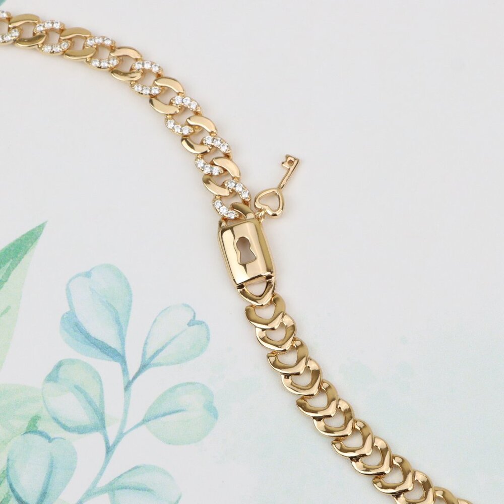 "Rose Gold Heart Lock Key Charm Bracelet with Sparkling Links, XPBL0914